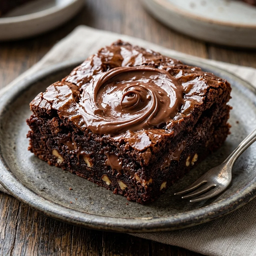 Delicious homemade Nutella brownies topped with chocolate drizzle