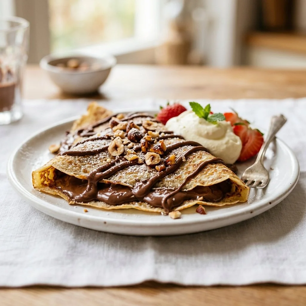 Plate of freshly made Nutella crepes topped with berries and whipped cream