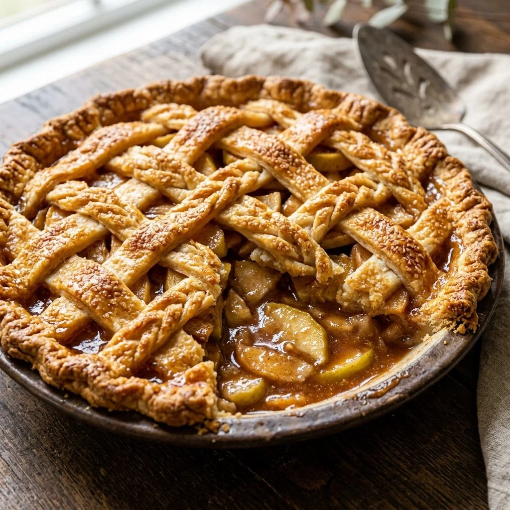 Delicious Old Fashioned Apple Pie served warm with a scoop of vanilla ice cream
