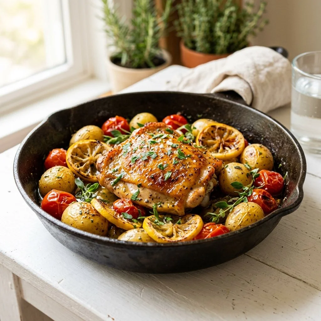 Delicious one-pan lemon chicken recipe garnished with fresh herbs.