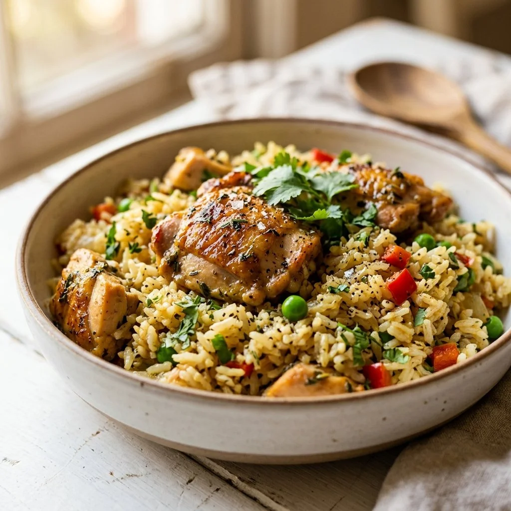 One-Pot Chicken Rice cooked in a single pot for easy meal preparation