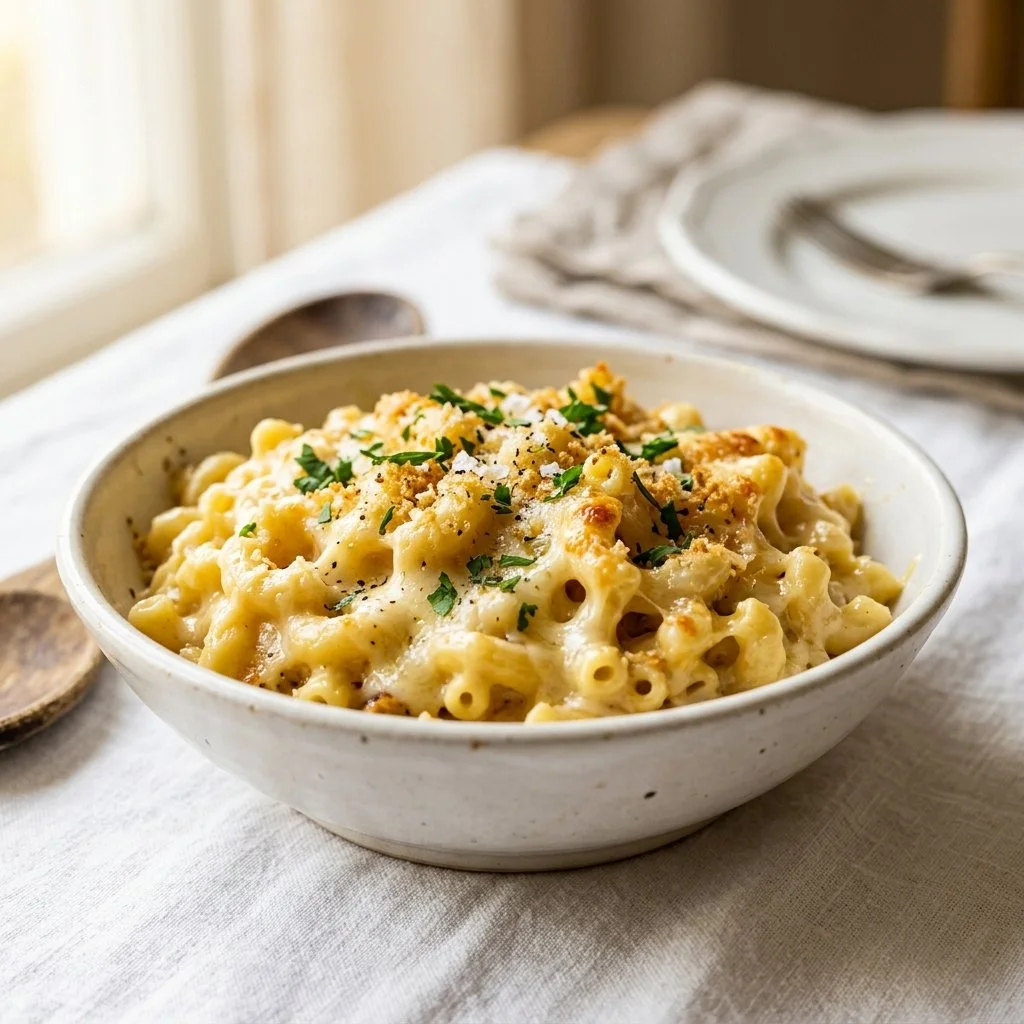 Creamy one-pot mac and cheese dish served with herbs and cheese on top.