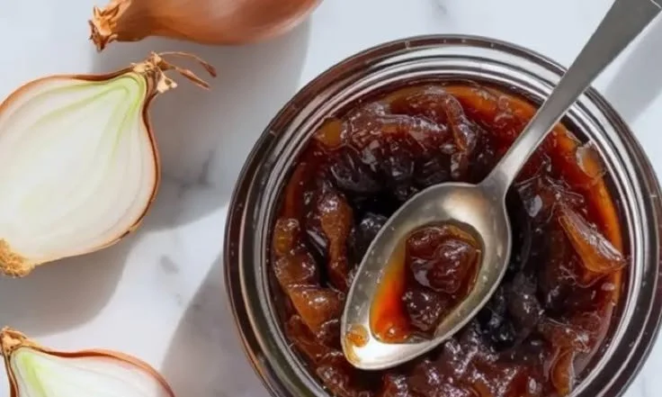 Jar of homemade onion jam with herbs and spices
