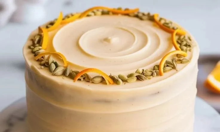 Slice of moist Orange Cardamom Cake with citrus zest and cardamom flavor