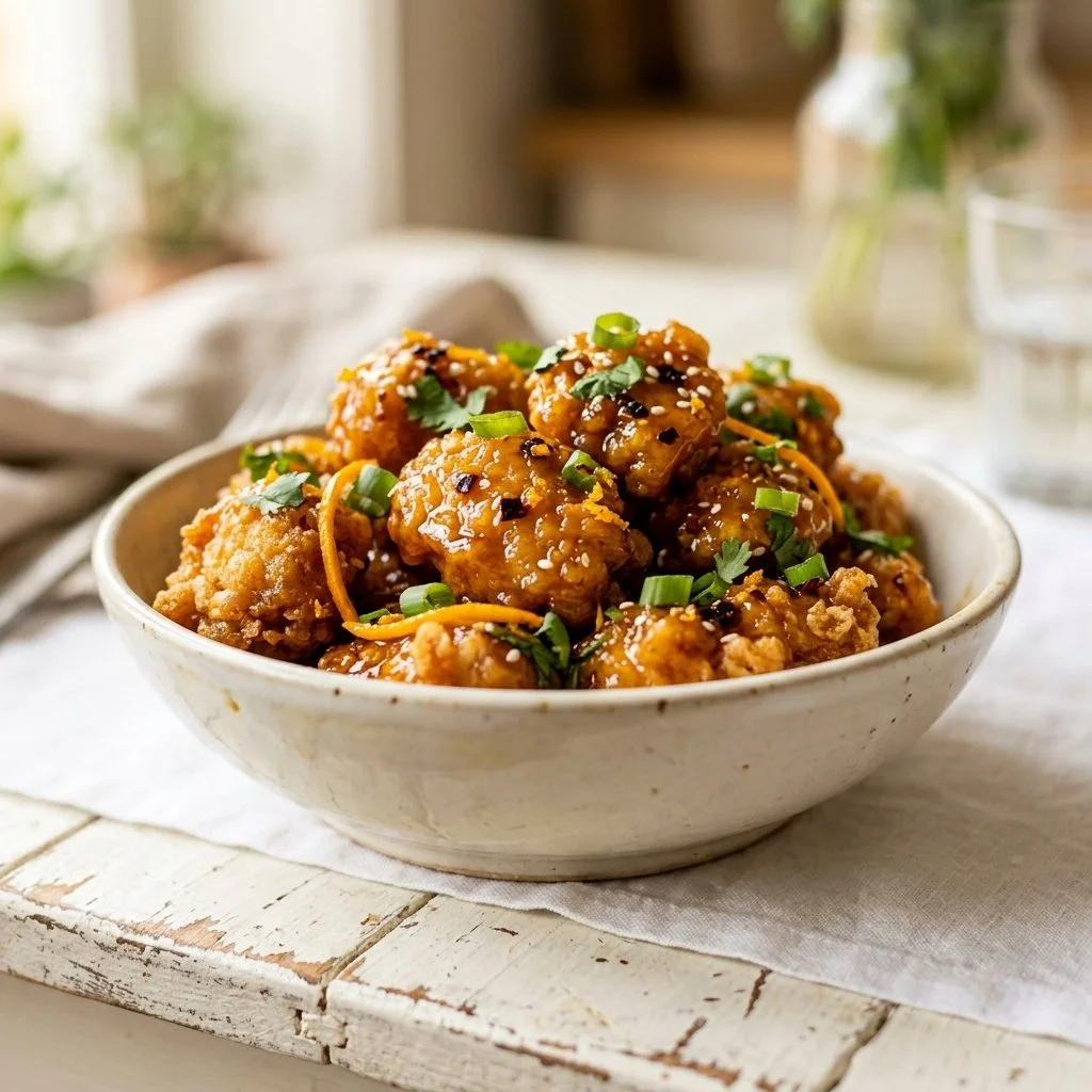 Plate of homemade Orange Chicken with rice and vegetables