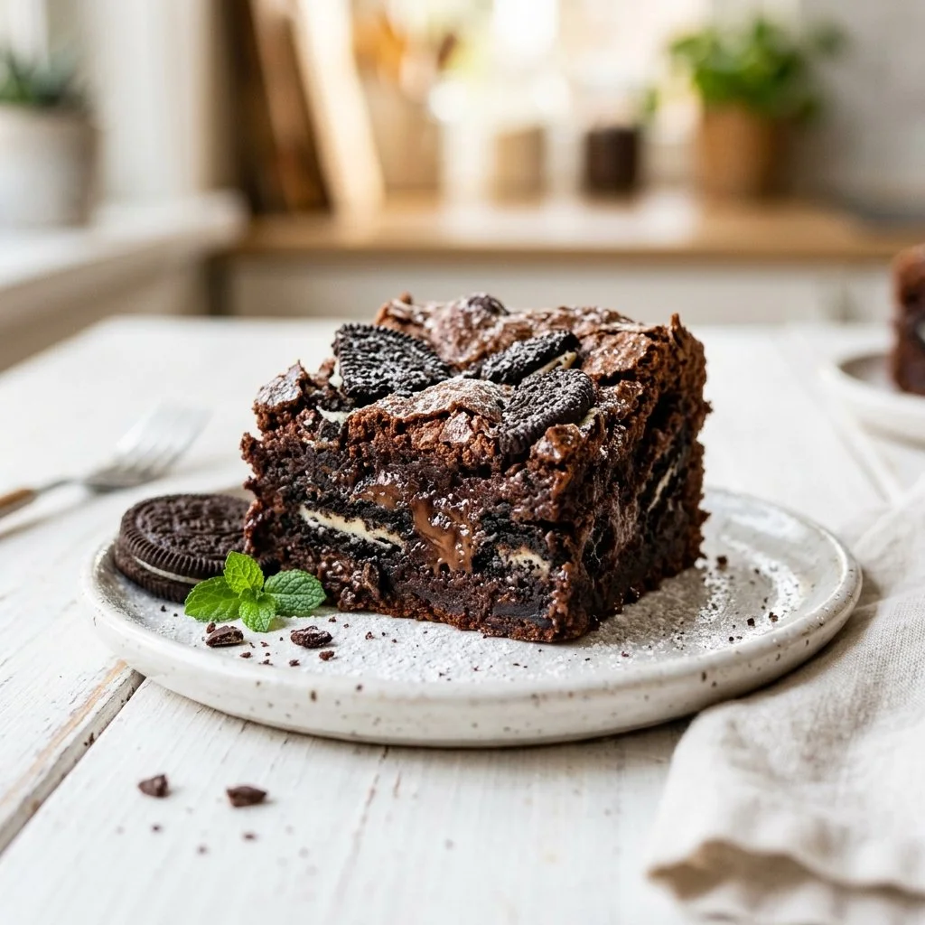 Delicious homemade Oreo Brownies topped with Oreo cookie pieces.