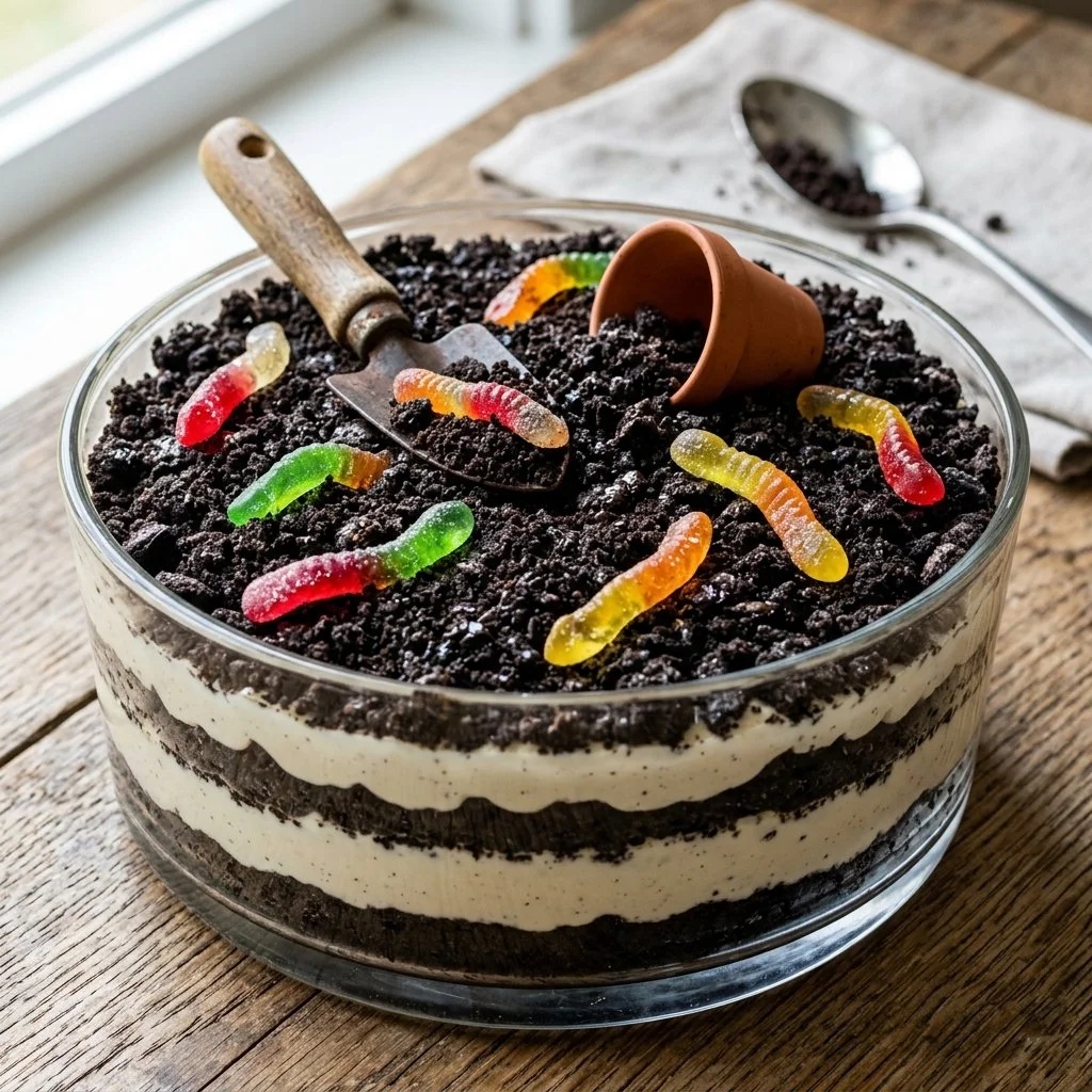 Delicious homemade Oreo Dirt Cake served in a glass dish