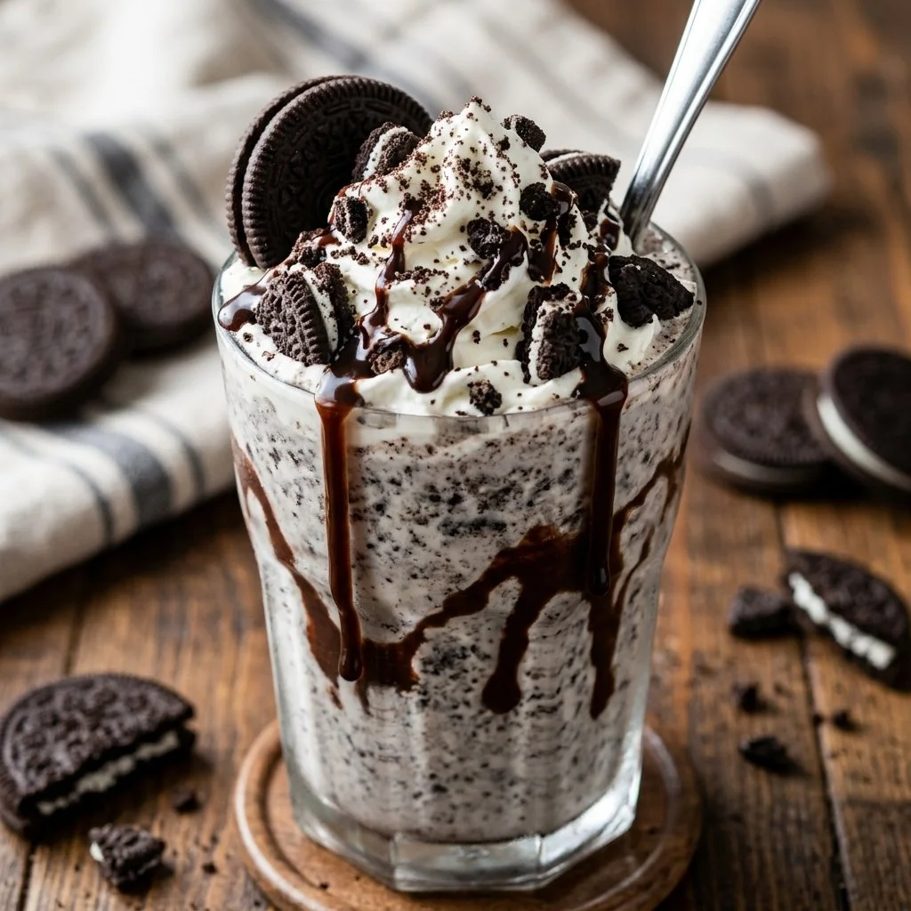 Delicious Oreo Milkshake topped with whipped cream and crushed Oreos