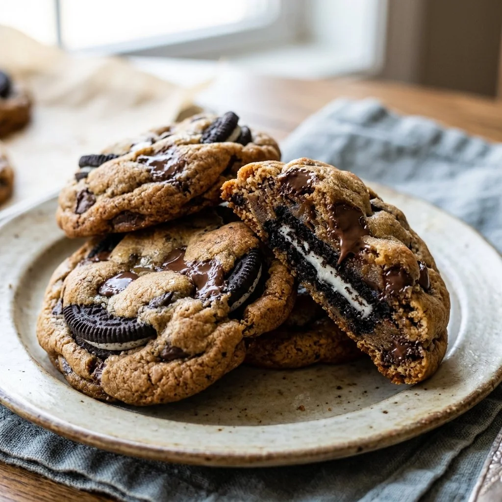 Oreo stuffed cookies with gooey Oreo filling on a baking tray