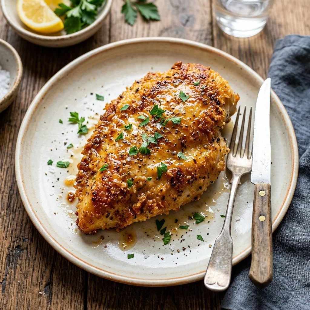 Deliciously crispy Parmesan Crusted Chicken served on a plate.