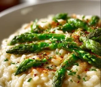 Delicious Parmesan Lemon Asparagus Risotto served in a bowl