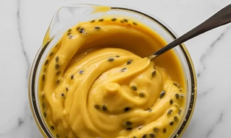 Delicious homemade Passion Fruit Curd in a jar with fresh passion fruits.