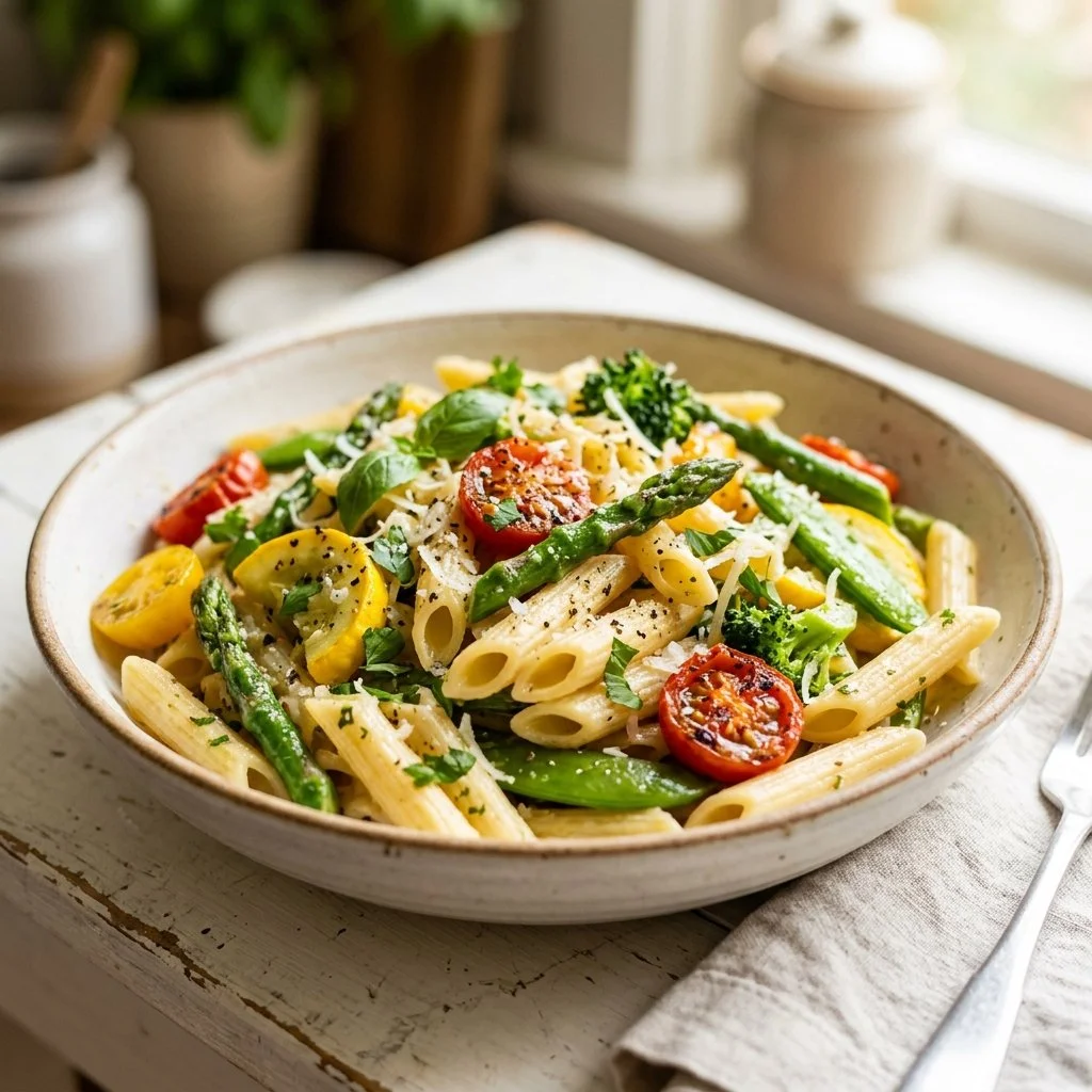 Delicious Pasta Primavera with fresh vegetables and herbs on a plate