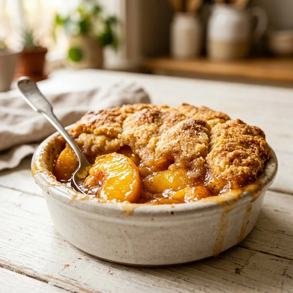 Delicious homemade peach cobbler with golden crust and fresh peach slices