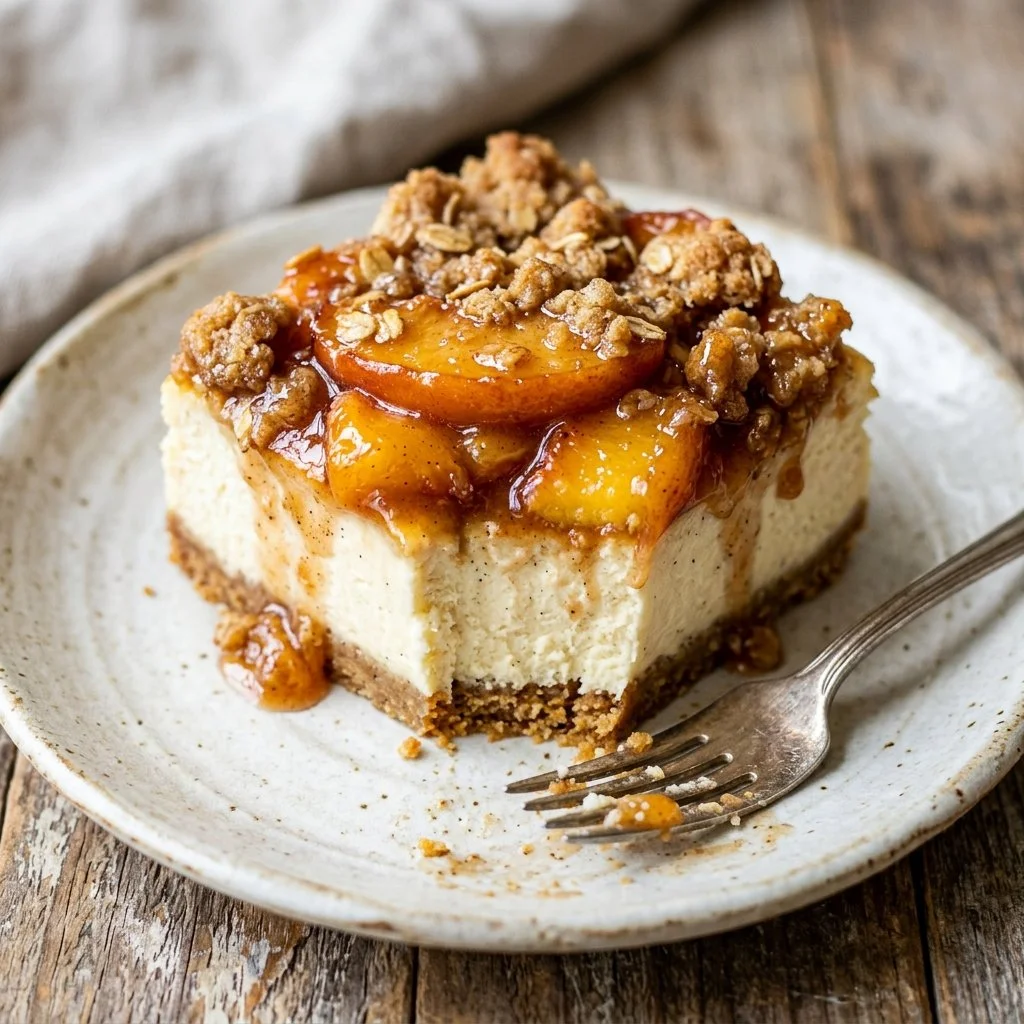 Slice of Peach Cobbler Cheesecake topped with fresh peaches and whipped cream