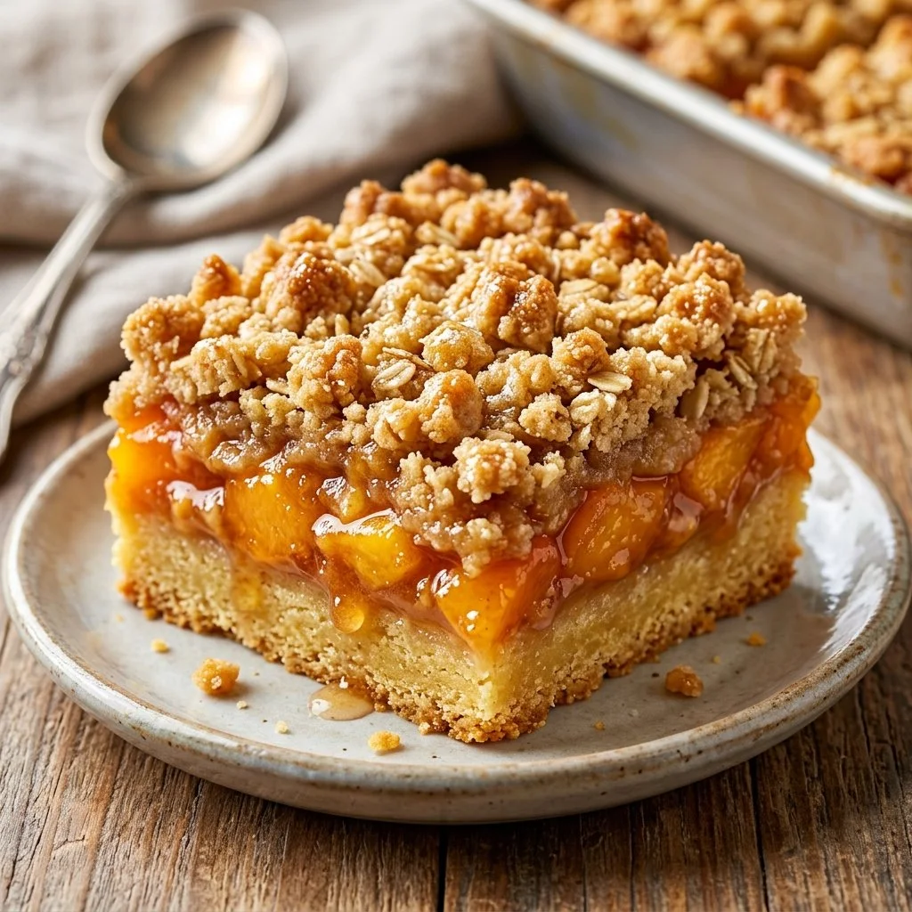 Homemade Peach Crumb Bars with a golden crumb topping and fresh peaches