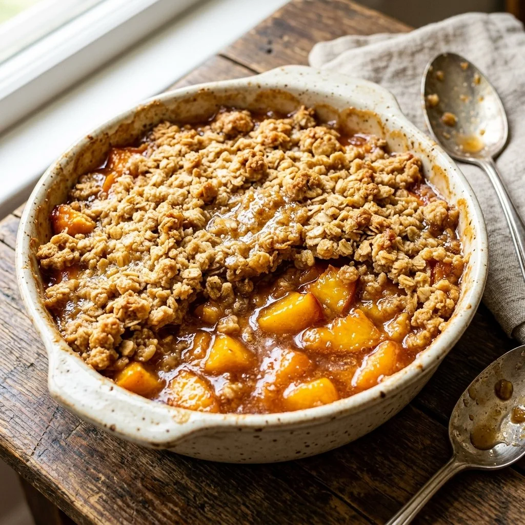 Delicious, freshly baked peach crumble dessert with golden topping
