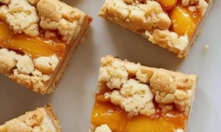 Delicious peach crumble bars drizzled with honey glaze, perfect dessert treat.