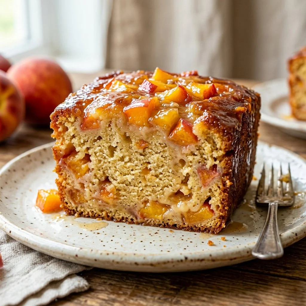 Delicious homemade Peach Pound Cake served on a plate with fresh peaches