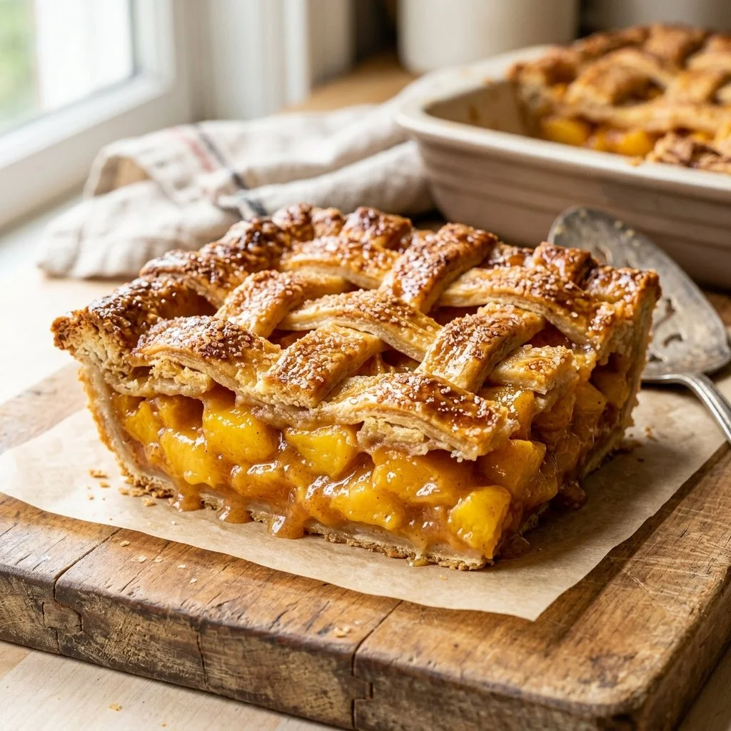 Freshly baked Peach Slab Pie topped with golden crust and juicy peaches
