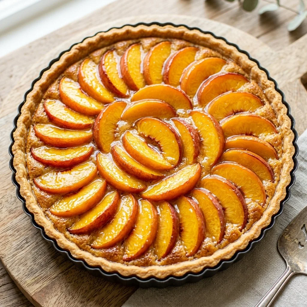 Homemade peach tart with fresh peaches on a golden crust