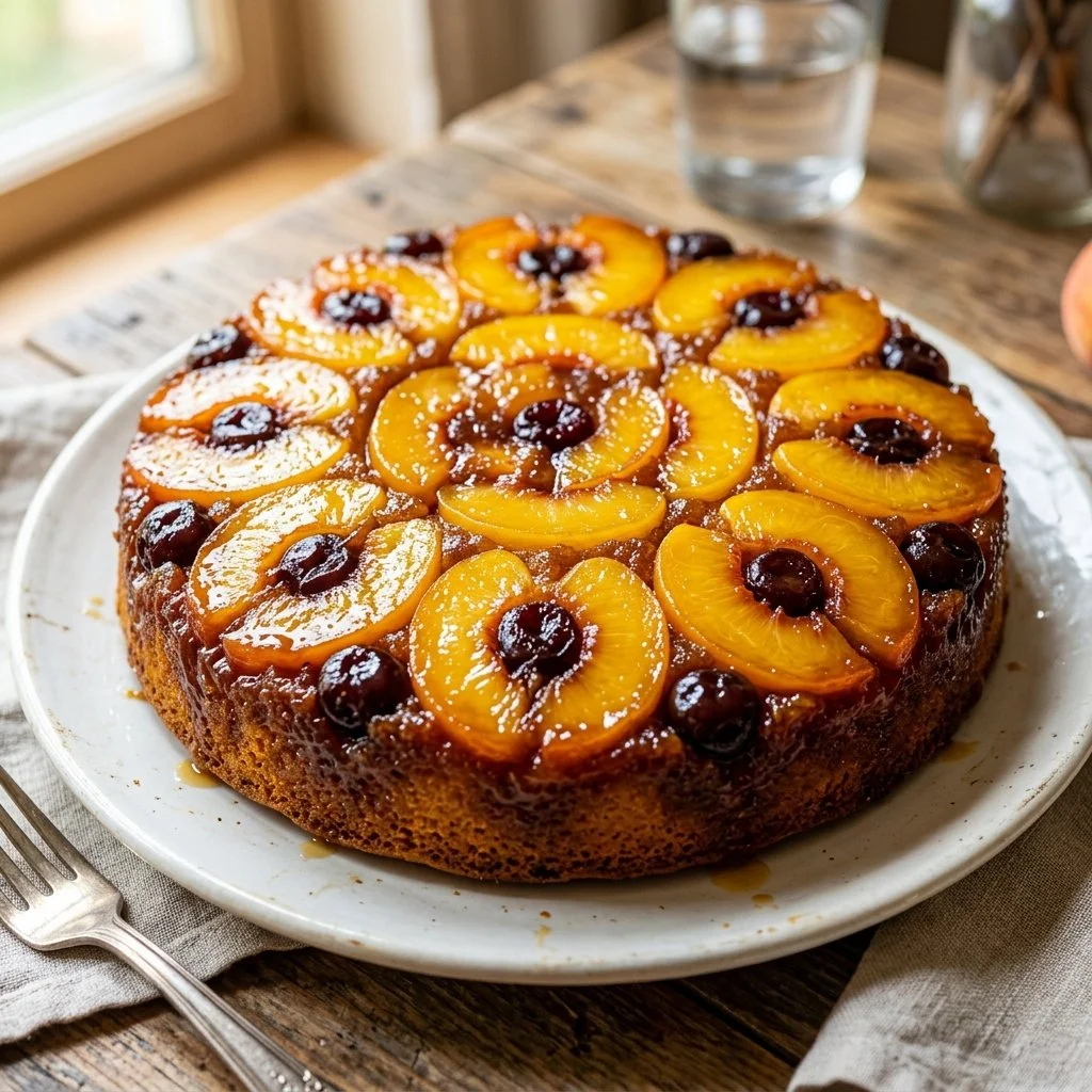 Delicious homemade Peach Upside Down Cake with fresh peaches on top.