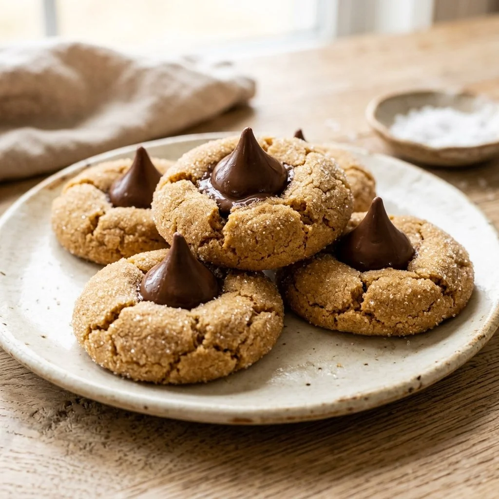 Delicious Peanut Butter Blossoms cookies with chocolate kisses on top