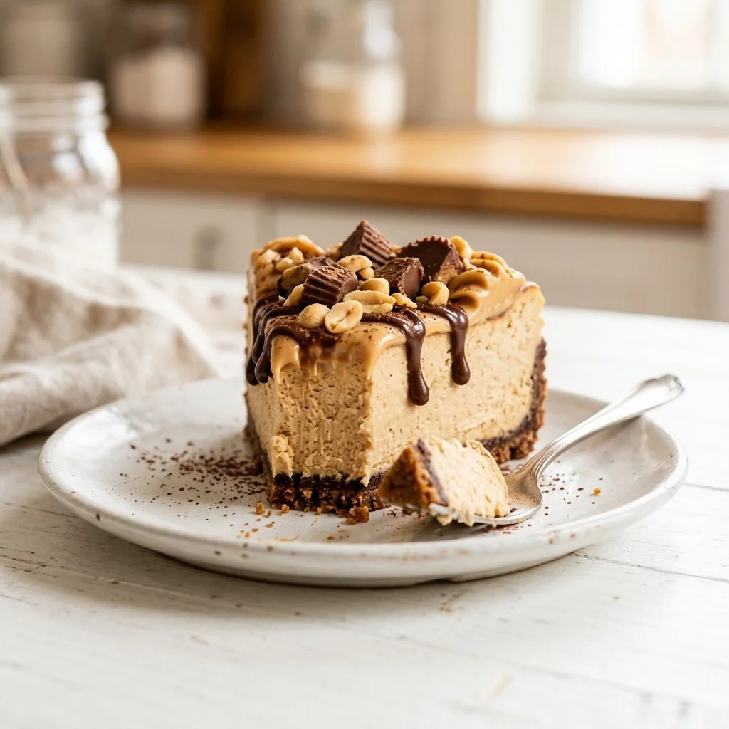 Delicious Peanut Butter Cheesecake topped with chocolate drizzle