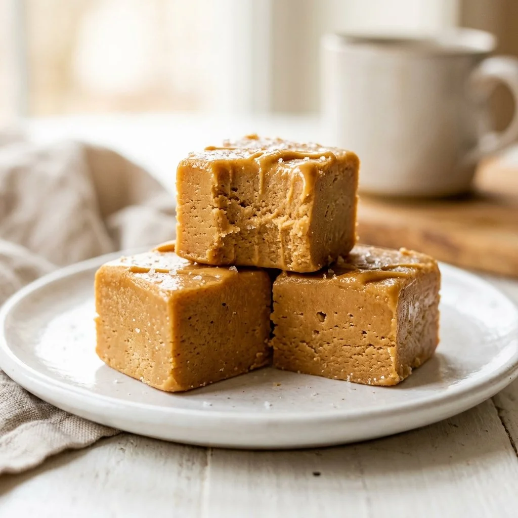 Delicious homemade peanut butter fudge squares on a wooden table
