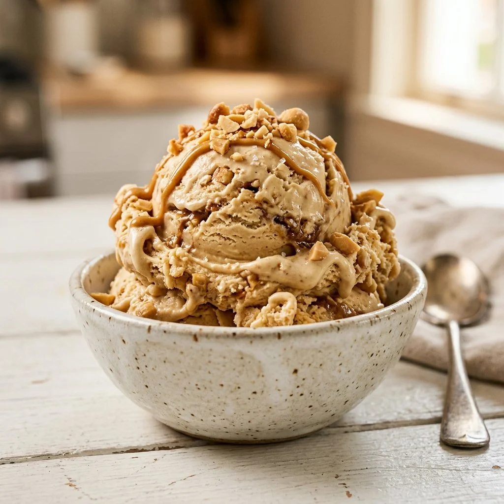 Delicious homemade peanut butter ice cream in a bowl with a spoon