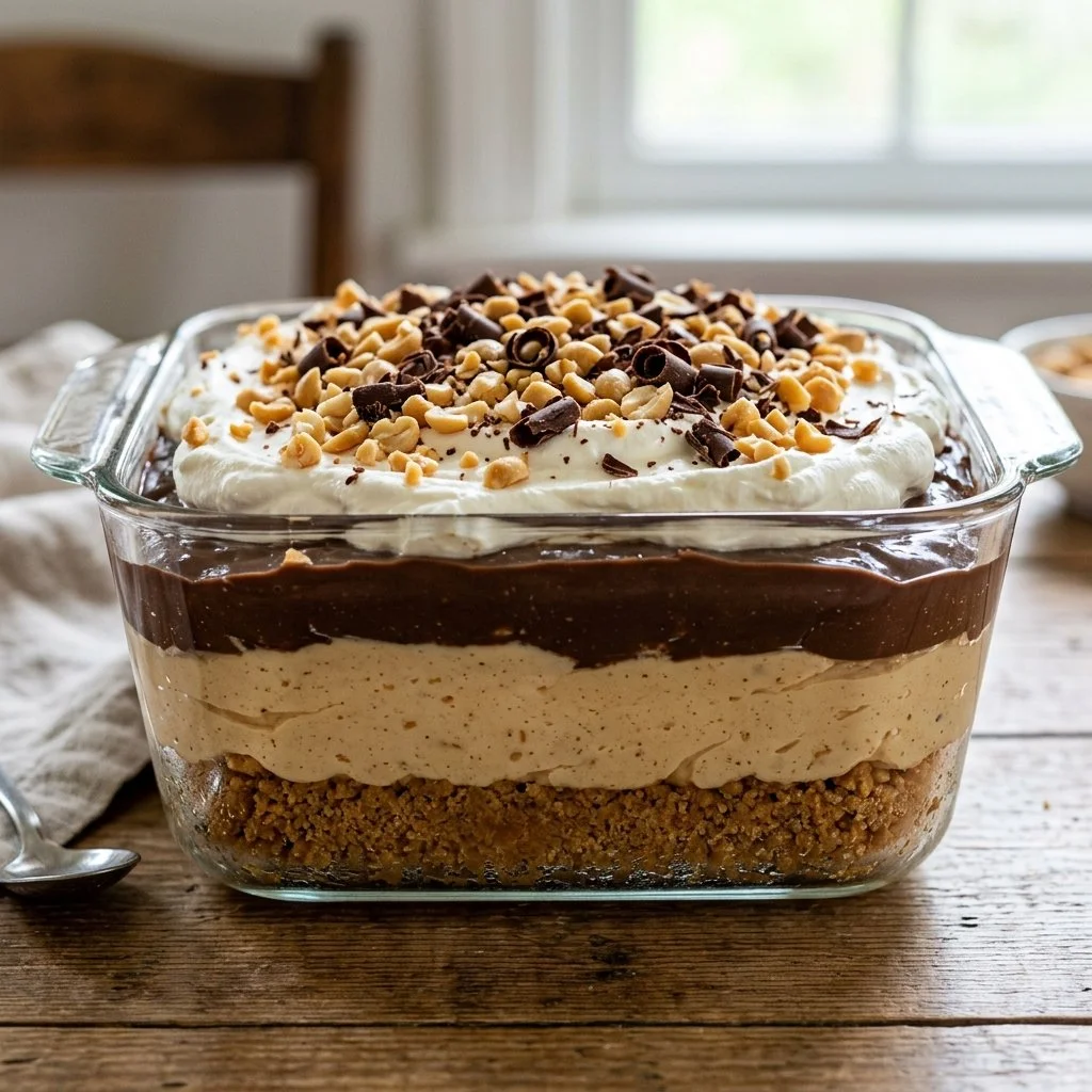 Delicious Peanut Butter Lush dessert layered with creamy peanut butter and chocolate