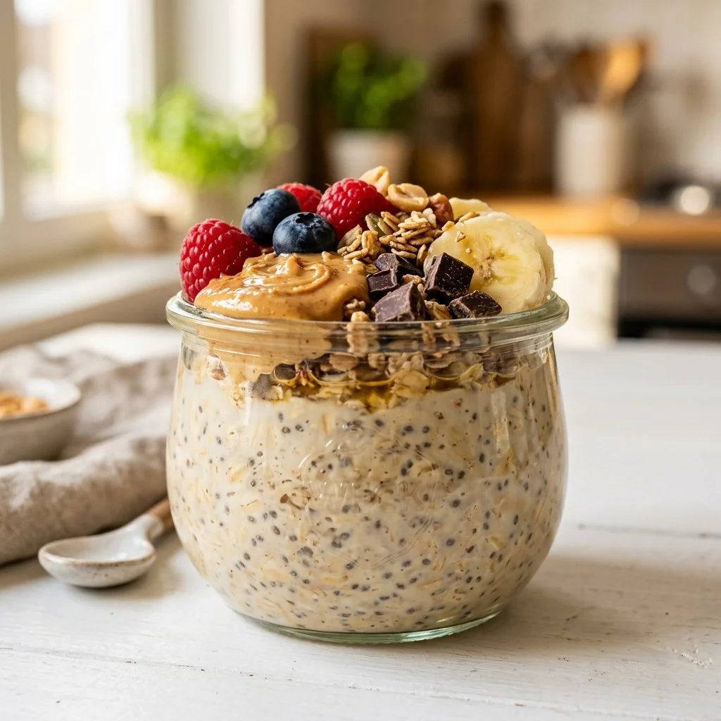 Delicious bowl of peanut butter overnight oats topped with fruits and nuts