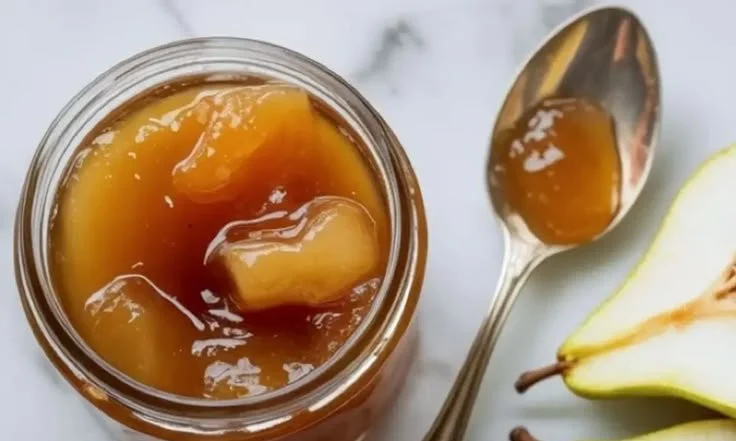 Jar of homemade pear jam with fresh pears and a spoon