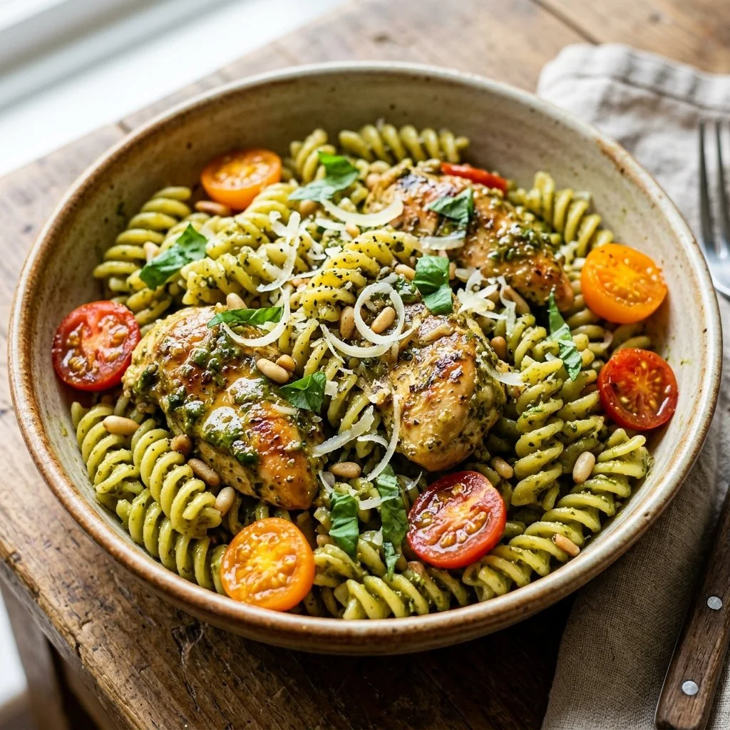 Delicious pesto chicken pasta dish served in a bowl with fresh basil