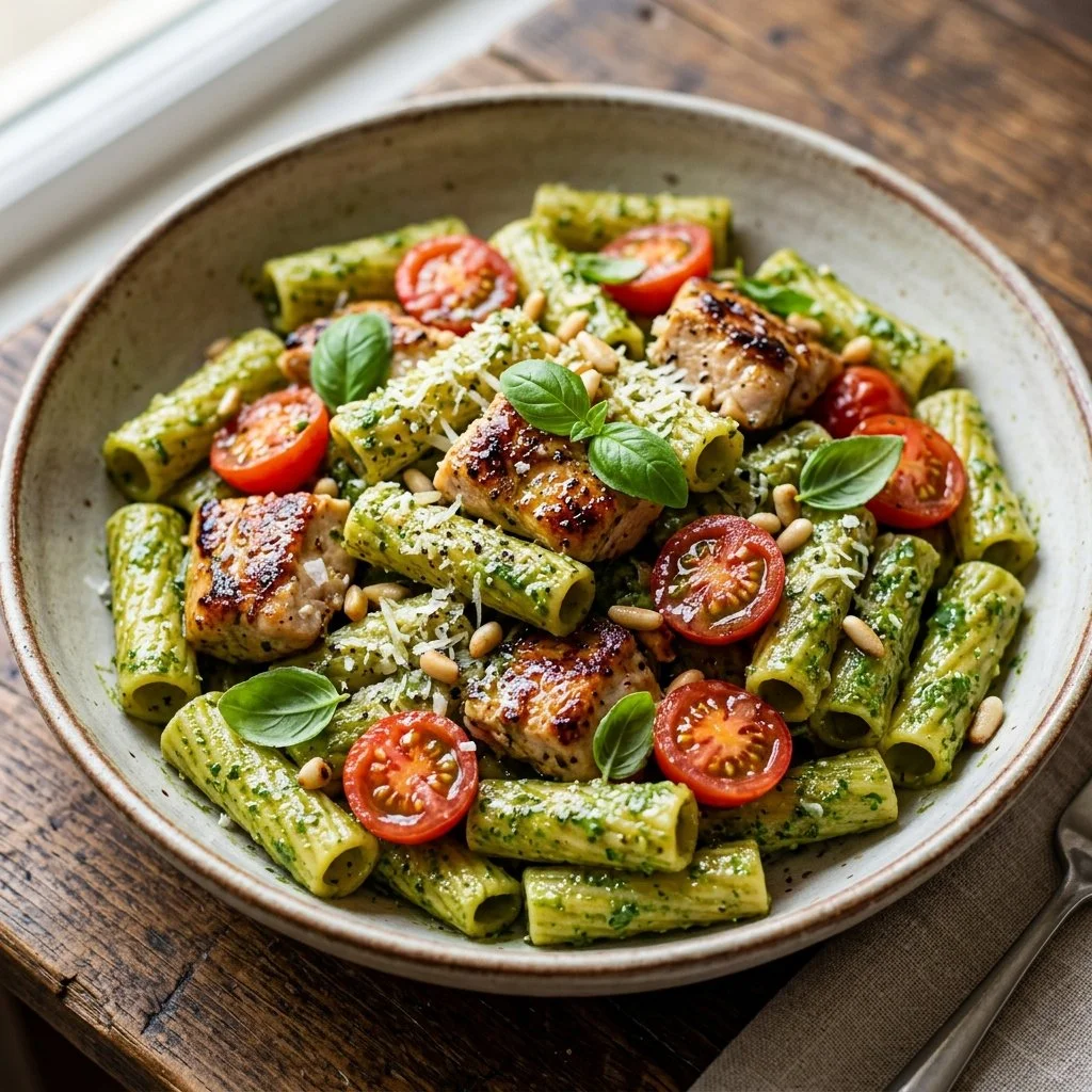 Delicious Pesto Chicken Pasta served in a bowl with fresh basil and Parmesan