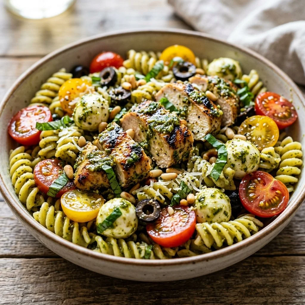 Pesto Chicken Pasta Salad with colorful vegetables and creamy pesto dressing