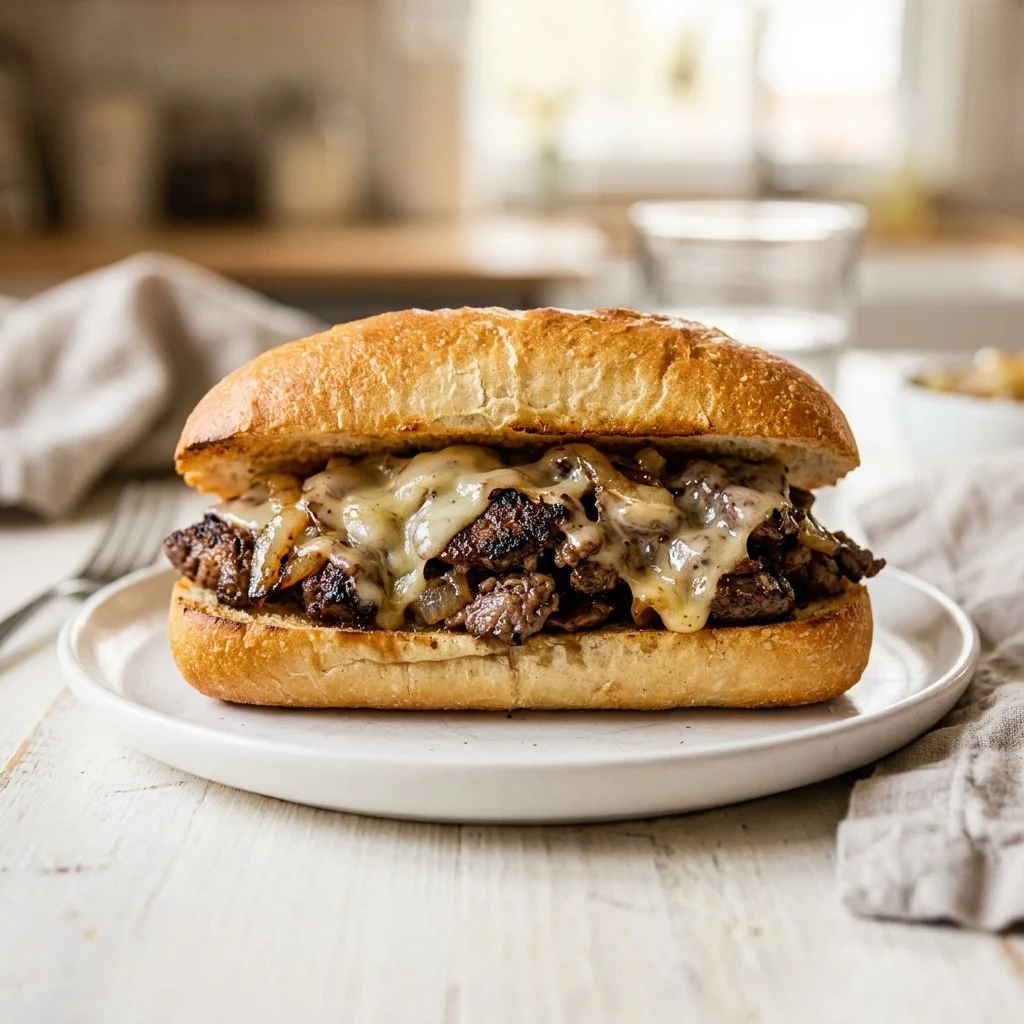 Delicious Philadelphia cheesesteak sandwich with beef and cheese on a roll