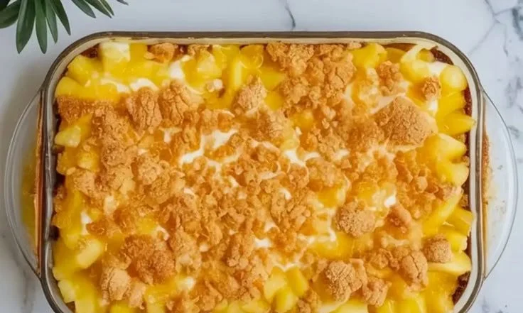 Delicious Piña Colada Dump Cake garnished with coconut and pineapple slices.