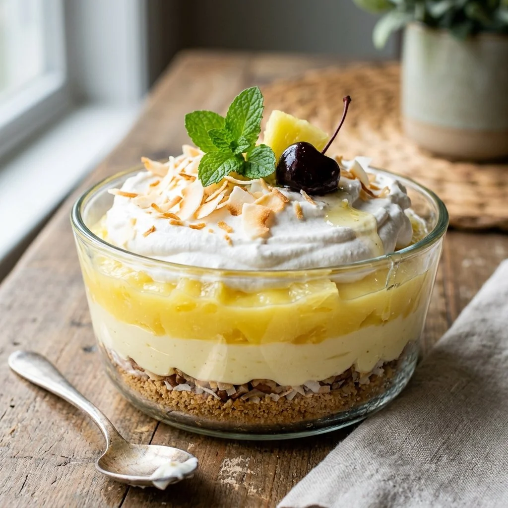Delicious Pina Colada Lush dessert topped with fresh pineapple and coconut.