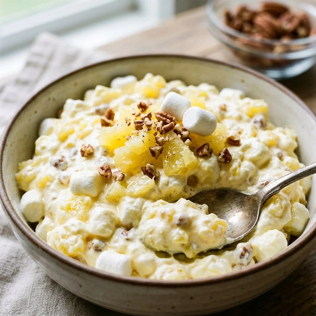 Delicious Pineapple Fluff dessert in a bowl with fresh pineapple chunks