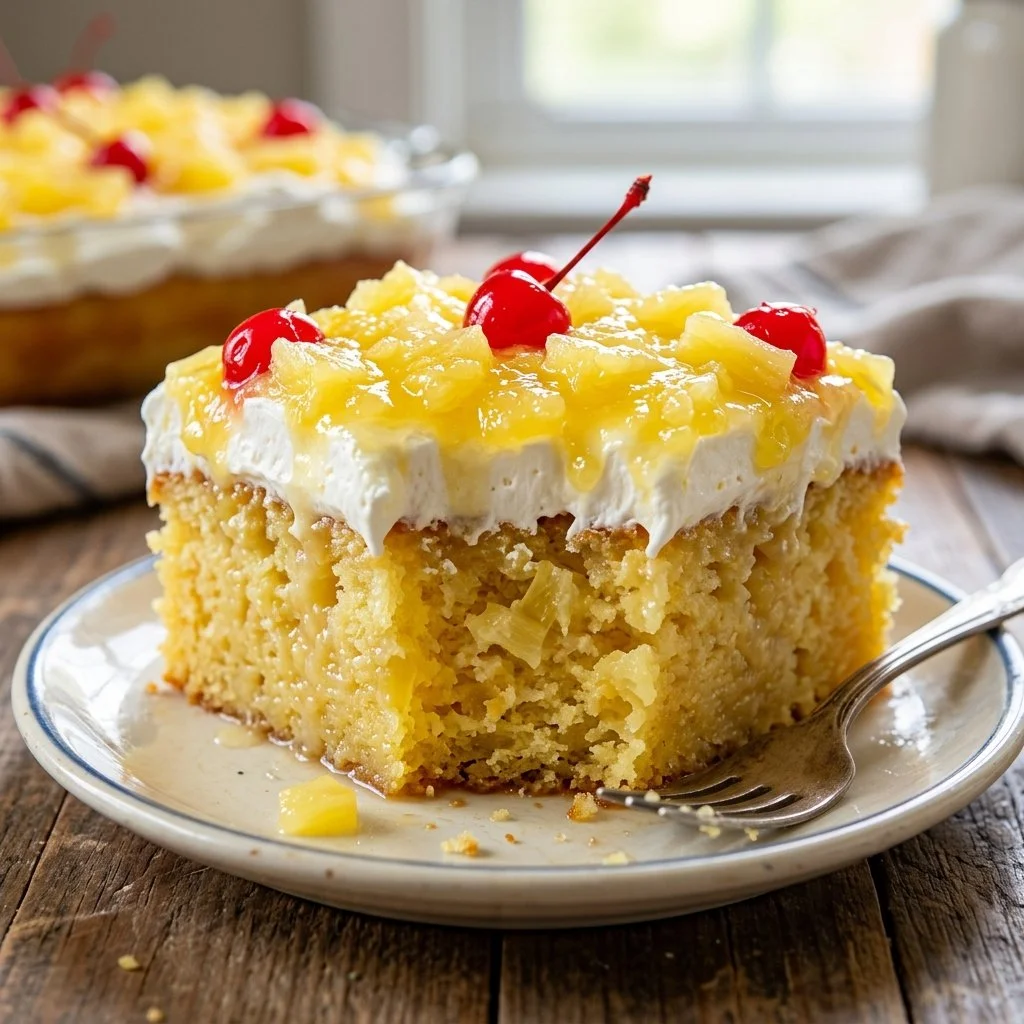 A delicious slice of Pineapple Poke Cake topped with cream and pineapple chunks.