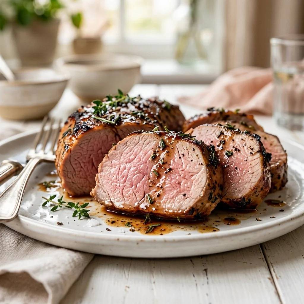 Deliciously cooked pork tenderloin on a plate with herbs and spices