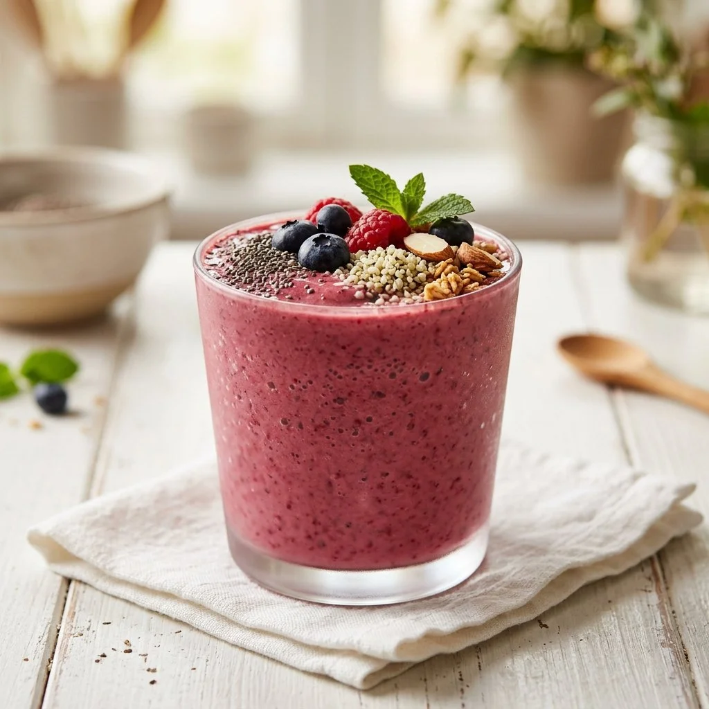 Delicious protein smoothie with fruits and protein powder in a glass