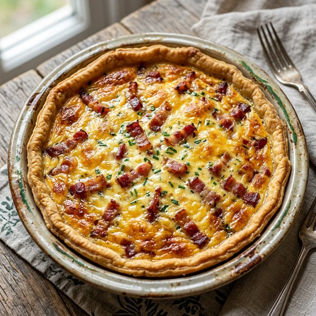 Homemade Quiche Lorraine with a flaky crust and savory filling