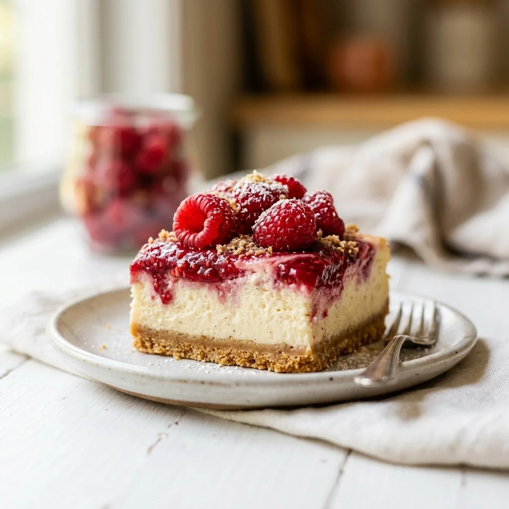 Delicious raspberry cheesecake bars on a white plate, ready to serve.