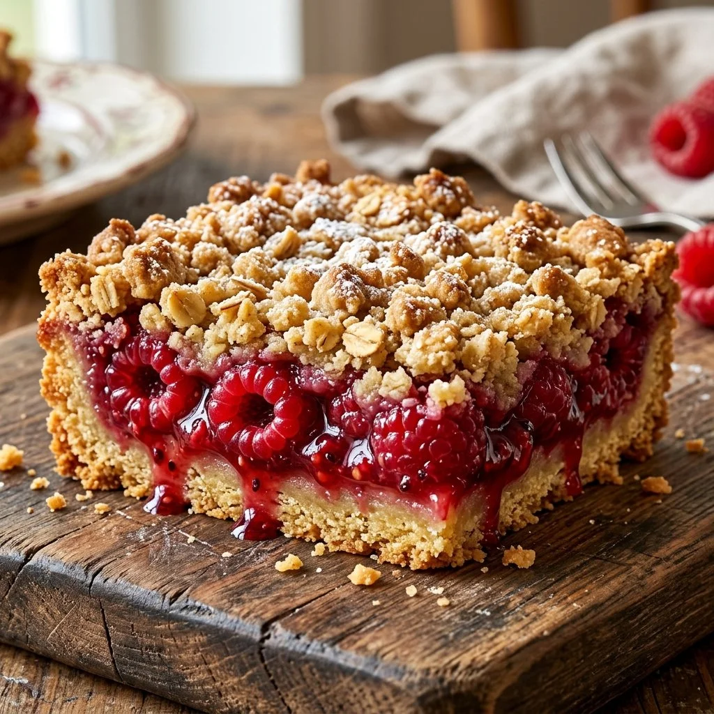 Delicious homemade raspberry crumb bars with a buttery crumble topping.