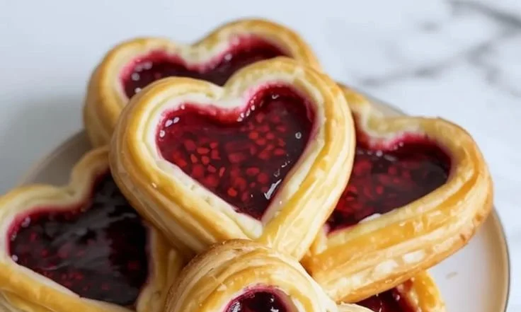 Freshly baked Raspberry Danish Heart Pastries with vibrant raspberry filling.