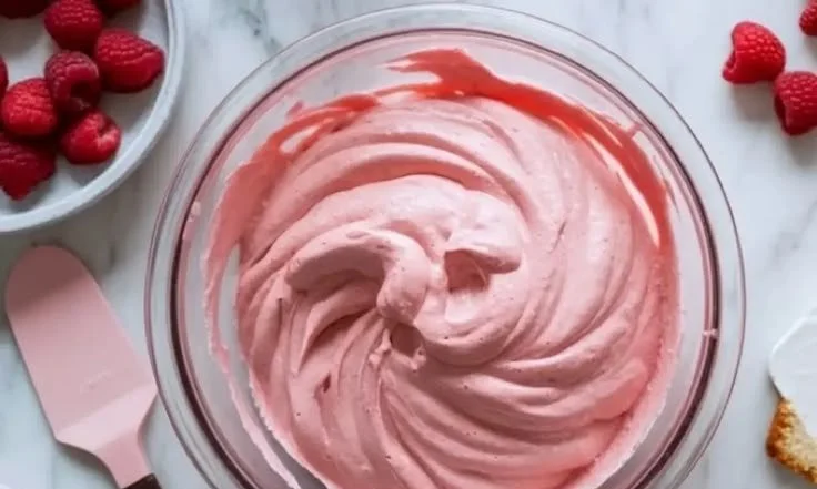 Delicious raspberry mousse dessert in a glass with fresh raspberries and cream.