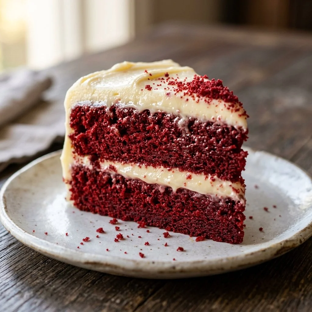 Delicious slice of red velvet cake with cream cheese frosting on a decorative plate