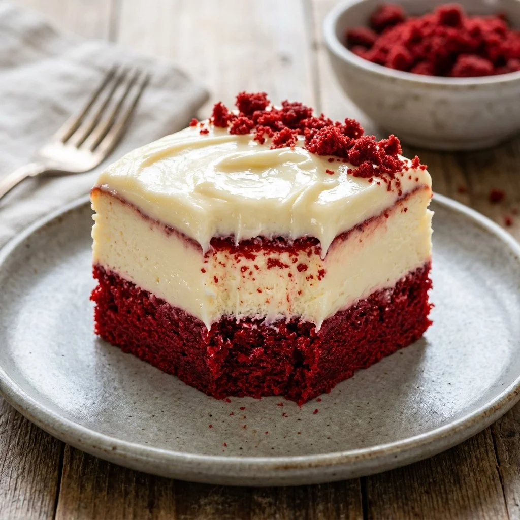 Delicious Red Velvet Cheesecake topped with cream cheese frosting
